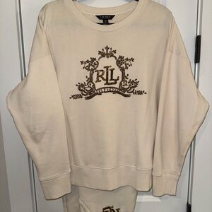 Lauren by Ralph Lauren Cream Sweatshirt and Pants Set with Beaded RL logo